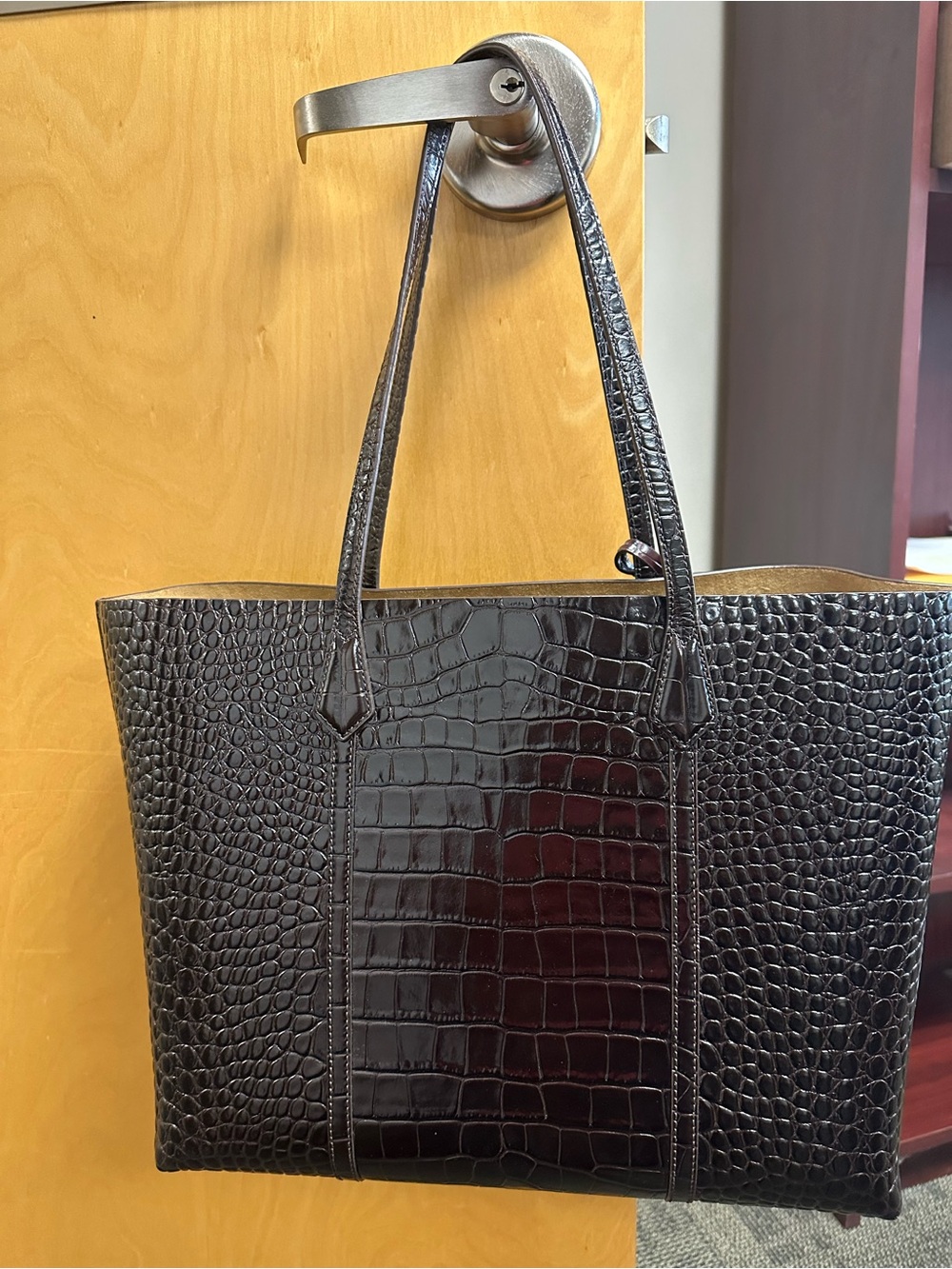 Tory Burch Croc-Embossed Dark Brown Tote with Gold Logo Charm - Picture 5 of 10